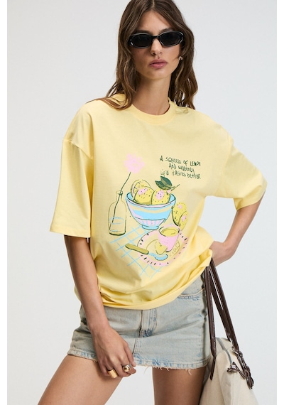 Grımelange NITZA Kadın %100 Pamuk Oversize Bisiklet Yaka Sarı T-Shirt Grımelange NITZA Kadın %100 Pamuk Oversize Bisiklet Yaka Sarı T-Shirt