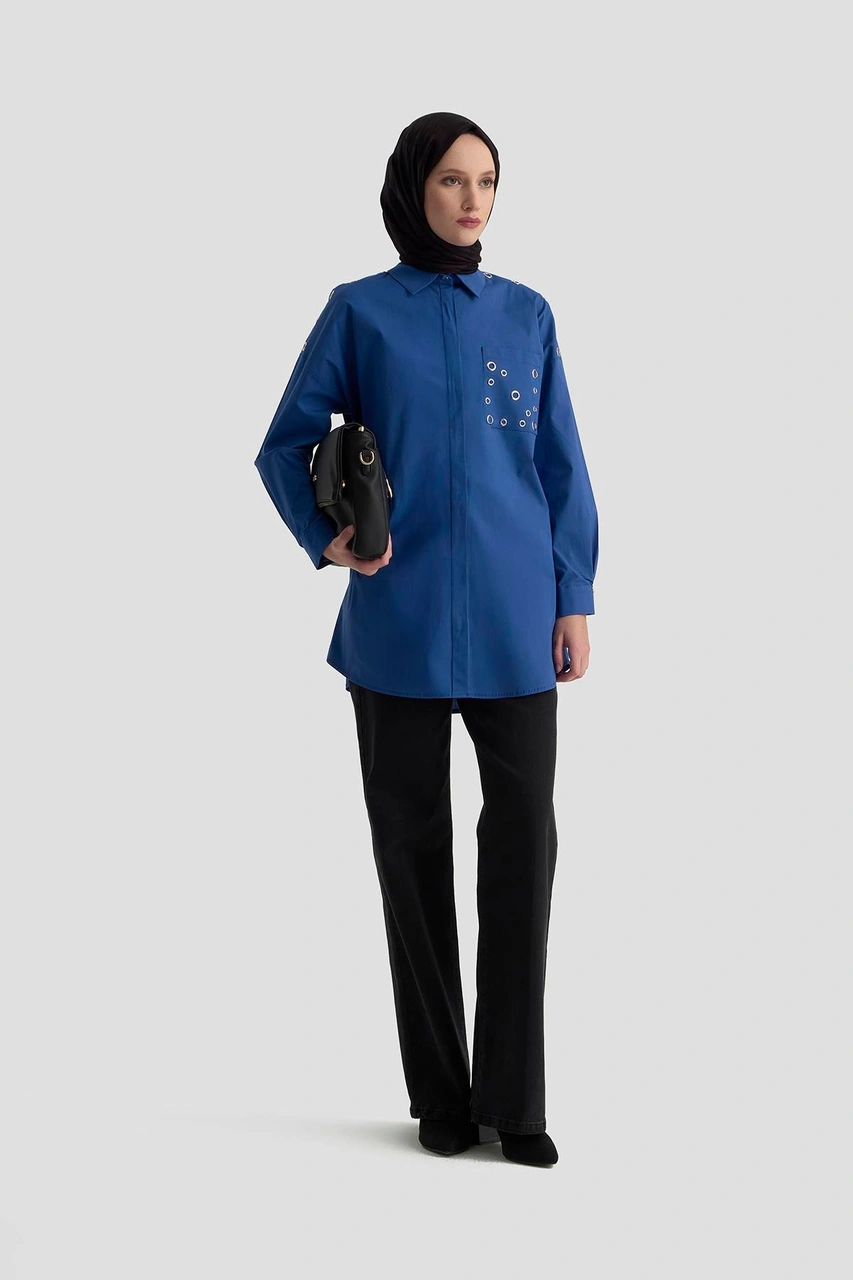 Armine Trend Gizli Düğmeli Kuşgözü Detaylı Gömlek Saks 25kt420 Saks