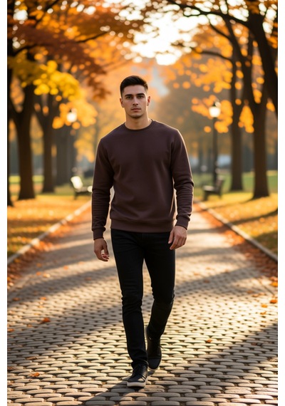 Benerly Erkek Bisiklet Yaka Standart Kol Regular Kalıp Sweatshirt Fonksiy Kahverengi