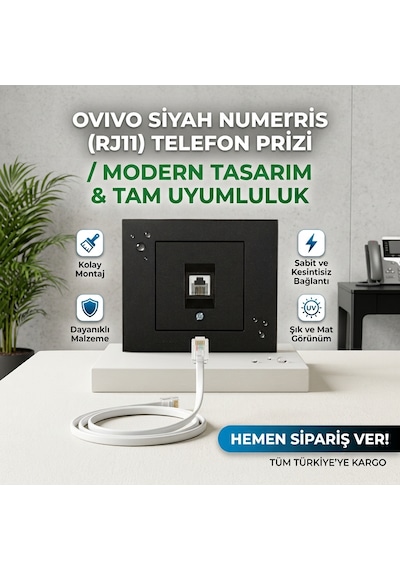 Ovivo Grano Siyah Numeris Priz Telefon Prizi - Çerçeve Dahil Tam Set Rj11