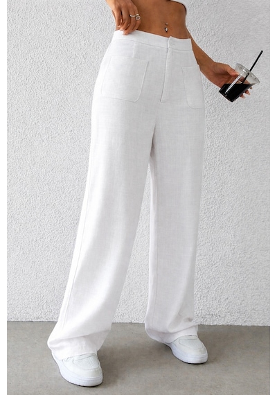 Tarz Cool Kadın Wide Leg Pantolon Ön Cep Detaylı Rahat Kalıp Günlük Pantolon Beyaz