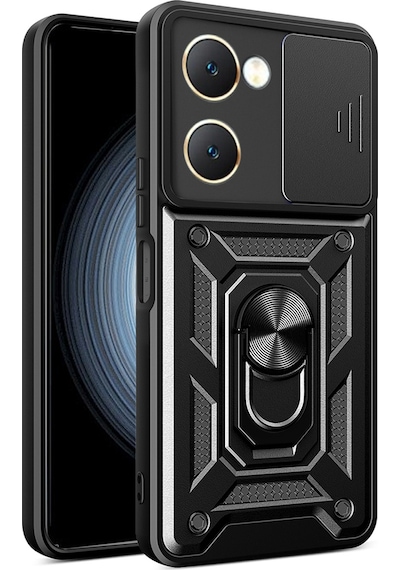 Techaks Vivo Y18 Kılıf Magnetik Standlı Kamera Korumalı Zore Sürgülü Vega Kapak - Siyah Siyah