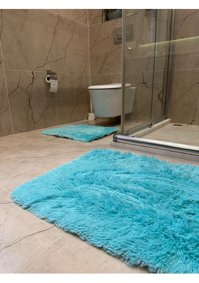 Tavşan Turkuaz Kaymaz Tabanlı 2'li Banyo Halısı Seti