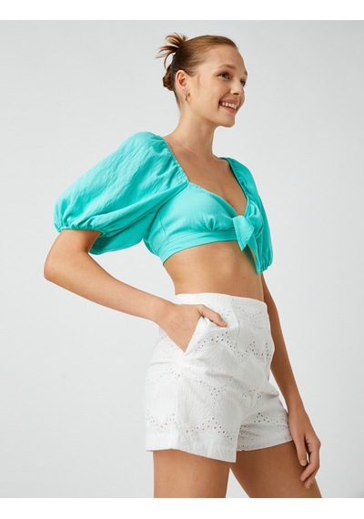 Koton Şahika Ercümen X Koton - Fiyonk Detaylı Crop Bluz Yeşil 2sak30176ew 2SAK30176EW814