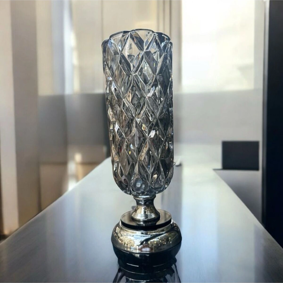 Dekoratif Kristal Cam Vazo Krom Kaplama Gümüş Gri