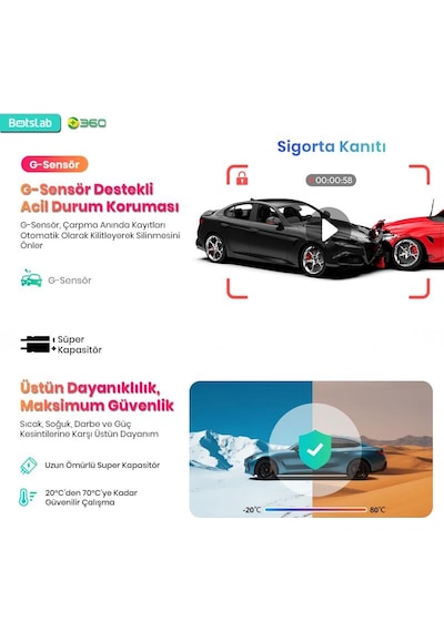 360+ Botslab G300h Pro Adas 3k Ön+Arka Wifi+Gps 150 Geniş Açı Gece Görüşlü Araç İçi Kamera Dash Cam Araç Kamerası+Wdr+lcd Ekran+G-Sensör+Sesli Kontrol