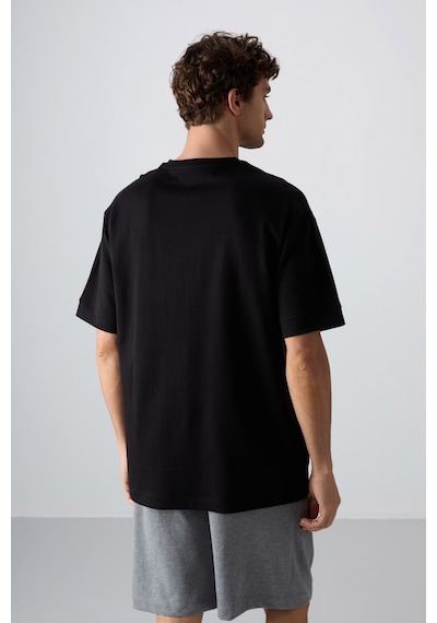 Tommy Life Siyah Pamuklu Kalın Yumuşak Dokulu Oversize Fit Baskılı Erkek T-shirt - 88320 Siyah