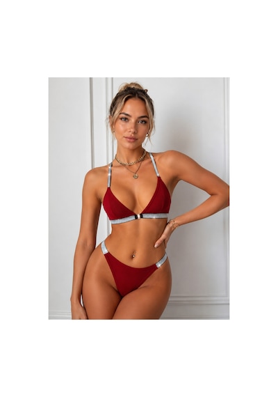 Pijamask Kadın Bordo İnce Askılı Üçgen Bralet String Külot İç Giyim Takımı Kırmızı