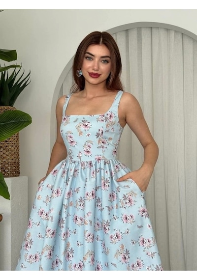 Defymoda Yoa Cep Detaylı Elbise Mavi