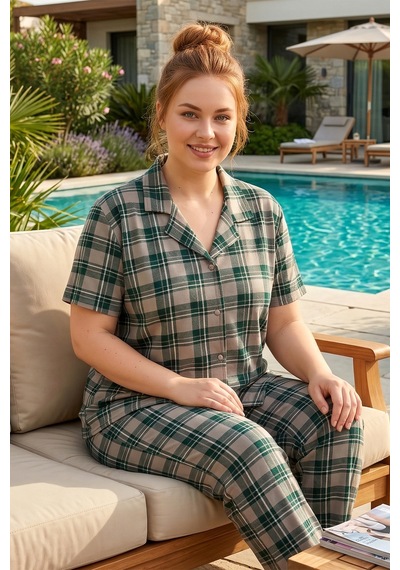 Remsa Büyük Beden Kadın Kısa Kol Milan Kumaş Pijama Takımı 50501-1904 Yeşil02