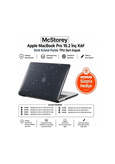 Macbook Pro 16.2 İnç Kılıf A2485 A2780 A2991 A3403 A3186 A3428 A3429 Uyumlu Simli Kristal Parlak Siyah Hard Case Şeffaf Sert Kapak İnce Koruyucu Belirtilmemiş