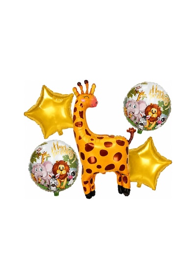 5 Li Zürafa Temalı Happy Birthday Folyo Balon Seti Safari Ve Orman Konseptli Parti Süsü Çok Renkli
