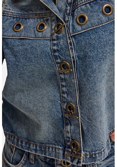 Kadın Kot Rengi 4w6-8 Kemer Boy Kuş Gözü Detaylı Özel Tasarım Denim Ceket