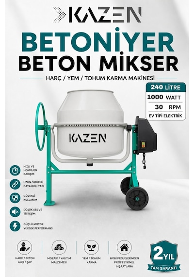 Kazen 240 Litre - Xxl Betoniyer Beton Mikser Beton Harç Yem Tohum Karma Makinesi - 3. Nesil