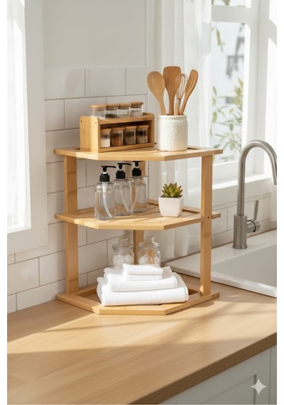 Makri Home Bambu 3 Katlı Mutfak & Banyo, Mutfak Düzenleyici Organizer, 23 Cm 25 Cm 25 Cm Ahşap