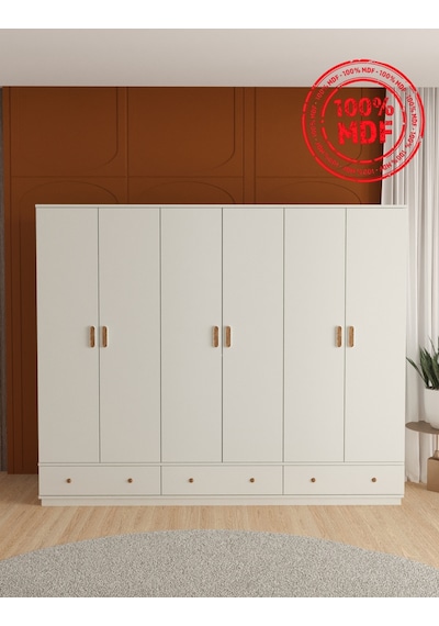 Bohem 6 Kapaklı Çekmeceli Bazalı Gardırop - Tamamı Mdf Beyaz