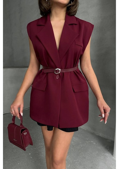 Neşeli Butik Kadın Salaş Kemerli Kolsuz Blazer Ceket Nbg076 Bordo