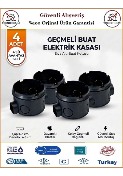 Trendhomm Geçmeli Anahtar Priz Kasası - Sıva Altı - Siyah - 4 Adet