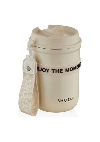 Shotay Strow Çelik Termos Mug 410ml Krem Krem
