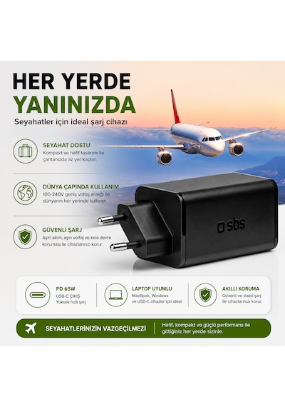 Sbs 65w Gan Hızlı Şarj Adaptörü Usb-c Pd 65w + Usb-a Afc 18w Laptop, Tablet Ve Telefon Uyumlu Avrupa Tipi Fiş
