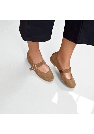 Ne&ve Shoes Camet Süet Hakiki Deri Yuvarlak Burunlu Tokalı Kadın Babet Camel