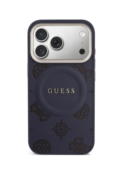 Apple Uyumlu iPhone 17 Pro Max Kılıf Guess Lisanslı M-safe Sıcak Baskılı Yazı Logolu Pu Deri Peony Kapak Lacivert
