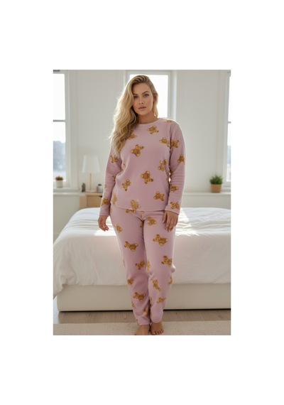 Siyah İnci Büyük Beden Polar Kışlık Örme Pijama Takım 25222586 Pembe