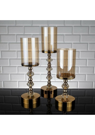 Kristal Taşlı Ayaklı Gold Şamdan Mumluk 3'lü Set -6010