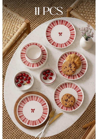 Ribbon Ayaklı Handmade Sunum Standlı Kahvaltı Takımı - Kurdelalı Kahvaltı Takımı Pembe
