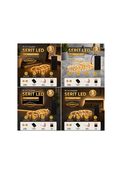 Pilli Led Günışığı Yapışkanlı 5 Metre Butonlu Pil Dahildir Sarı Sarı
