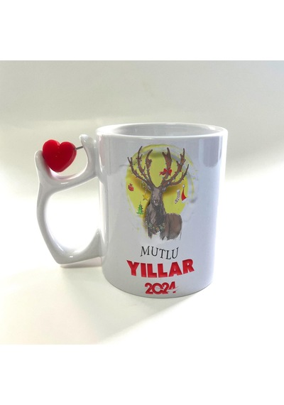 Mutlu Yıllar 2024 Geyik Baskılı Dönen Kalp Figürlü Yılbaşı Kupası