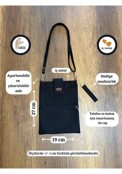 Aksesuarsepeti El Yapımı Cepli Ayarlanabilir Askılı, Kılıf Çanta, Tablet Kılıfı, Kitap Çantası, Organizer Çanta, Siyah