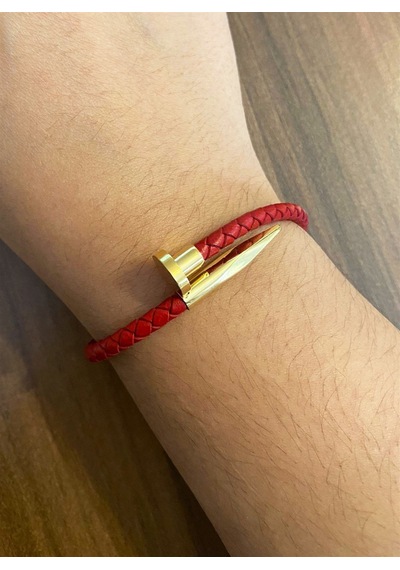 Unisex Çivi Model Gold Renk Detay Kırmızı Bileklik Kırmızı