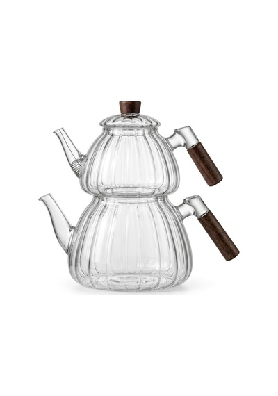 Akasya Cam Çaydanlık Takımı 1500 Ml + 600 Ml - Ahşap Kulplu, Çizgili Tasarım Isıya Dayanıklı Borosilikat Şeffaf Çaydanlık çok renkli