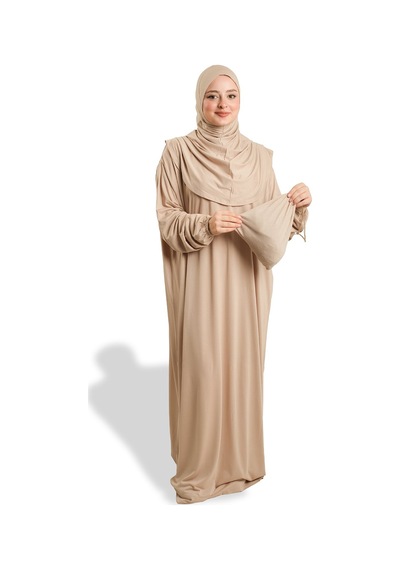 Hürrem Bone Tek Parça Namaz Elbisesi Viskon Düz 2503 12 Bej