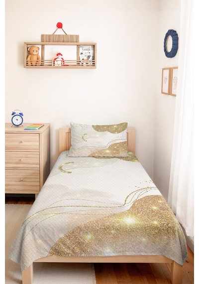 Modern Gold Genç Odası Tek Kişilik Pike Takımı - Soyut Simli Krem 160x220 Cm Kapitone Yatak Örtüsü Narin Kahve Kıyımı