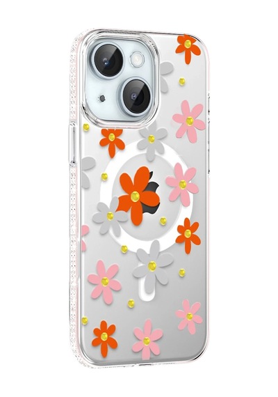 Mey İthalat Apple Uyumlu iPhone 14 Floral Magsafe Kapak - Turuncu