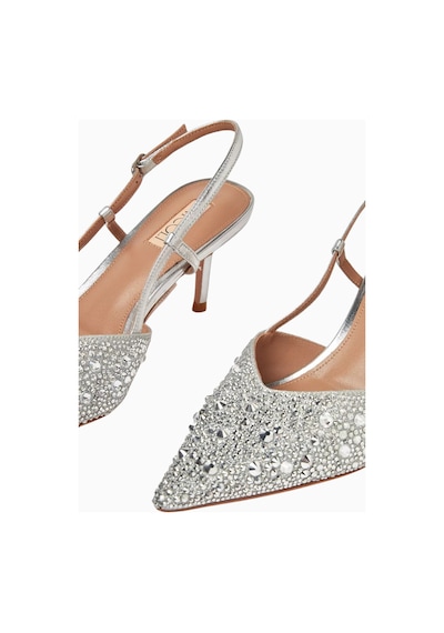 Nicoli Varese 70 Metalik Deri Slingback Topuklu Ayakkabı, Kristal Işlemeli Gümüş
