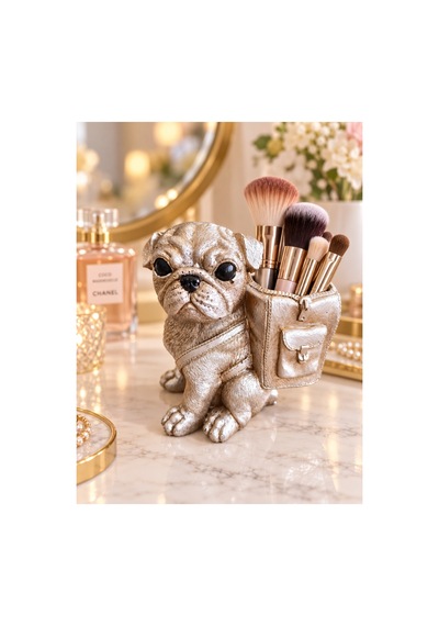 Dekoratif Köpek Figürlü Kalemlik Makyaj Fırçalık Saksı Organizer Polyester 12x15 Cm Gümüş