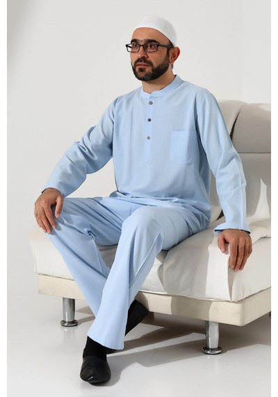 İhvanonline Erkek Tek Cepli Hakim Yaka Gömlek Pantolon Keten İkili Takım Hac Umre Kıyafeti - Açık Mavi İhvanonline Erkek Tek Cepli Hakim Yaka Gömlek Pantolon Keten İkili Takım Hac Umre Kıyafeti - Açık Mavi