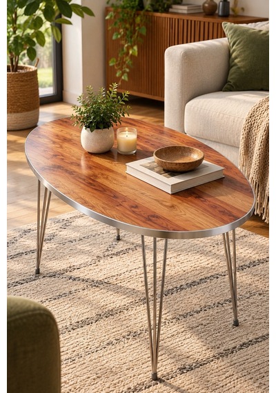 Sulorahome Ceviz Desenli Oval Orta Sehpa Gümüş Metal Ayaklı