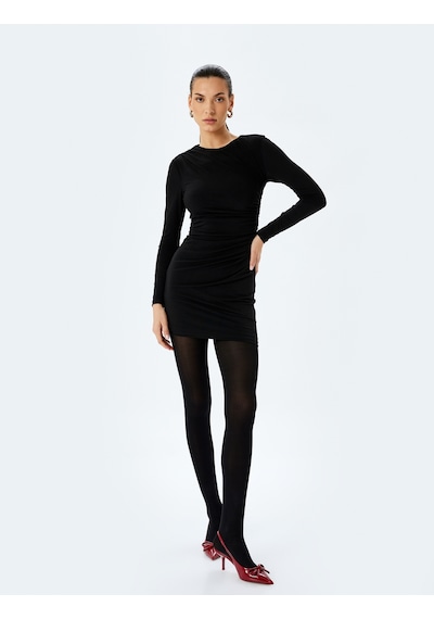 Koton Drape Detaylı Uzun Kollu Mini Kalem Elbise Siyah 5wak80300ek Siyah