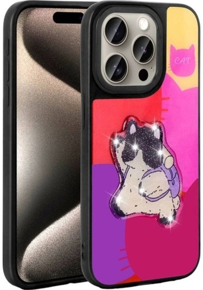 Apple Uyumlu iPhone 15 Pro Kılıf Parlayan Kabartmalı İkonik Figürlü Zore Amas Silikon Kapak Mor