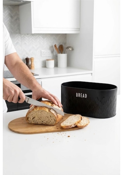 Makri Home Ekmeklik, Metal Ekmek Kutusu, Bambu Kapaklı Siyah Ekmek Sepeti, 34 X 19 X 16 Cm Siyah