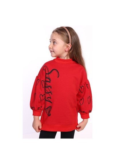 Toontoy Kız Çocuk Baskılı Balon Kol Sweatshirt Kırmızı