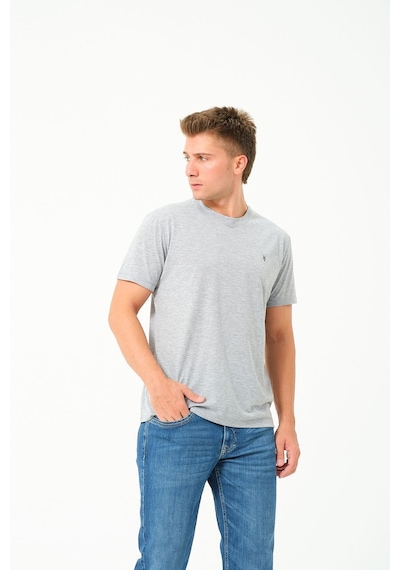 Erkek Basic Göğüs Nakış Detaylı Standart Fit Normal Kesim %100 Pamuk T-shirt Gri Melanj