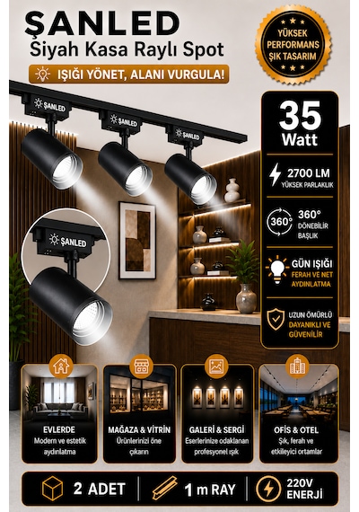 Led Siyah Kasa Beyaz Işık 35w Raylı Spot / 2 Adet 1 Metre Ray