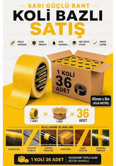 Sarı Güçlü Tamir Bandı 45mm X 8m Çok Amaçlı Su Geçirmez Tamir Bandı 36 Adet