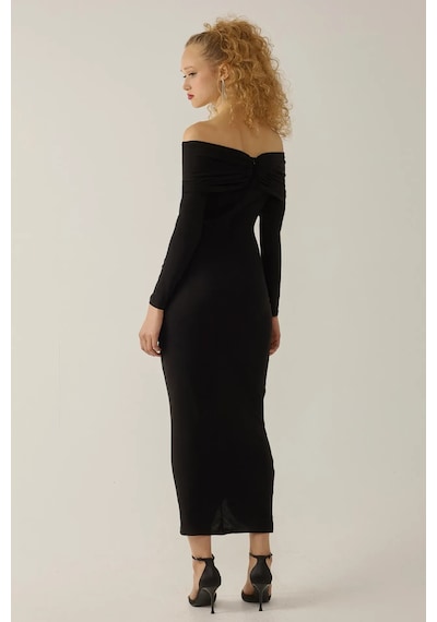 Hiccup Drapeli Off Shoulder Bodycon Maxi Elbise Siyah
