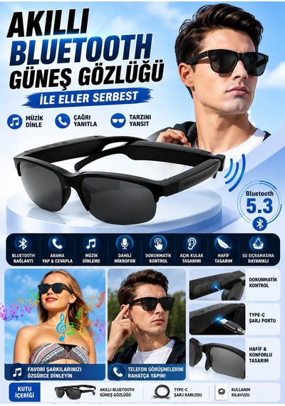 Xg88 Akıllı Güneş Gözlüğü Bluetooth Müzik + Çağrı + Sesli Asistan Siyah Polarize